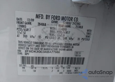 2010 Ford Edge Se из США, поврежденный, VIN 2FMDK3GC3ABA77986